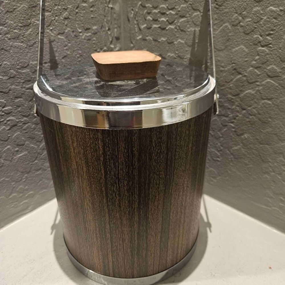 MCM Faux Walnut Wood and  Chrome Ice Bucket Kromex